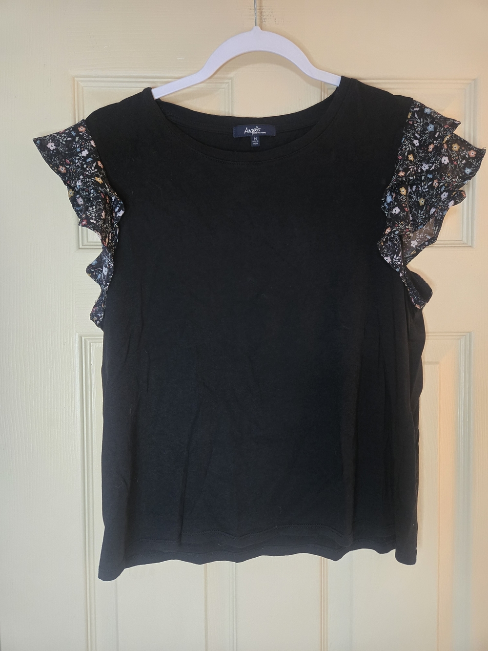 Black Tee with Floral Ruffle Sleeves